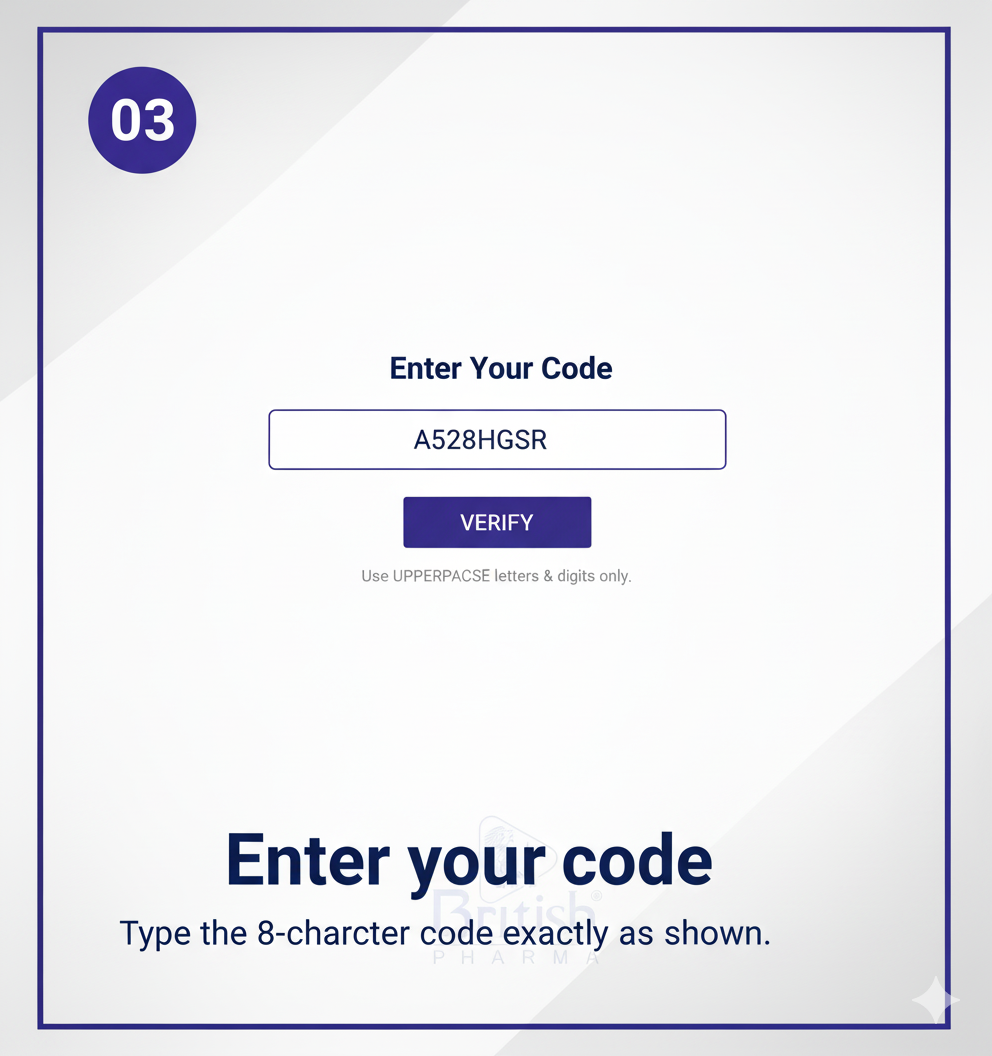 Enter 8 character uppercase alphanumeric code